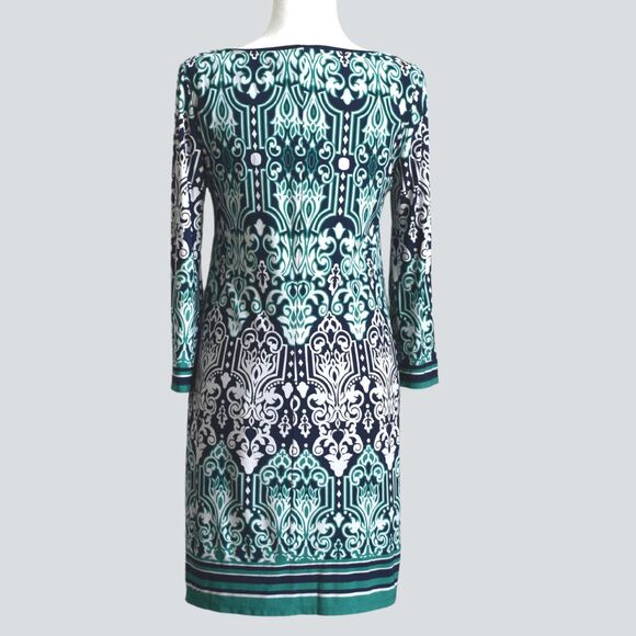 LAUNDRY By Design Mosaic Flared Bell Sleeve Shift Dress Green 8 - Picture 3 of 7